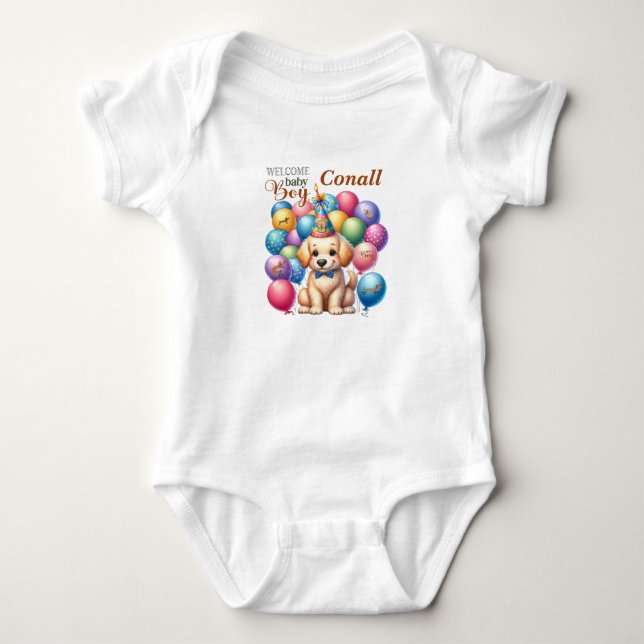 Welcome Baby Boy Puppy Dog and Balloons Design Bodysuit (Front)