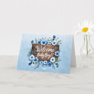 Welcome Baby Boy Wood Sign and Flowers Card