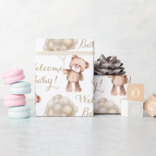 Welcome baby brown teddy bear and balloons  wrapping paper