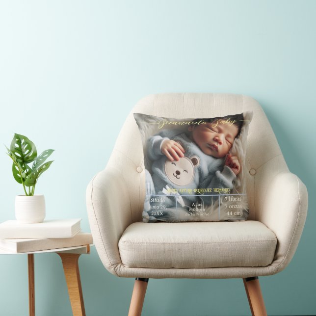 Welcome Baby | Custom Photo Newborn Stats Spanish Cushion (Chair)
