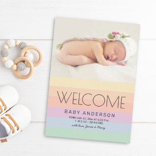 Welcome Baby Elegant Pastel Rainbow Photo Birth Announcement