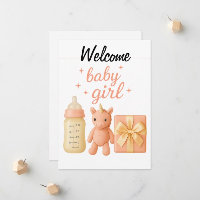 Welcome Baby Girl Baby Shower Card (Front/Back In Situ)