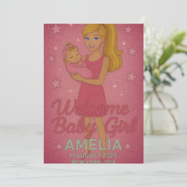 Welcome Baby Girl – Barbie’s Sparkling Embrace Invitation (Standing Front)
