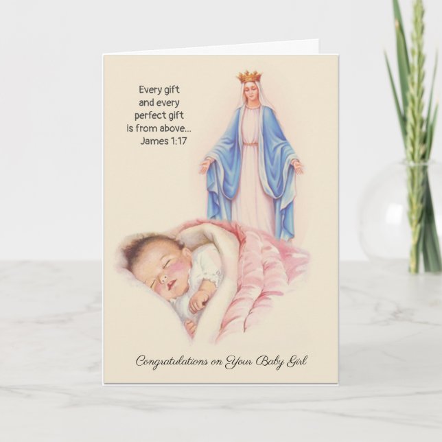 Welcome Baby Girl Blessed Virgin Mary Catholic Card (Front)