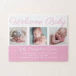 Welcome Baby Girl Blue Cute Newborn Photo Gift Jigsaw Puzzle<br><div class="desc">Welcome baby. A classic baby girl photo birth announcement puzzle gift in pretty pink with beautiful cursive typography above your sweet newborn photograph collage.</div>