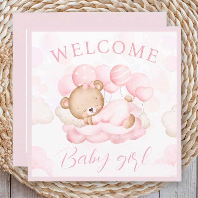 Welcome Baby Girl Name Personalised Pink Bear Card (Welcome Baby Girl Name Personalized Pink Bear Card)