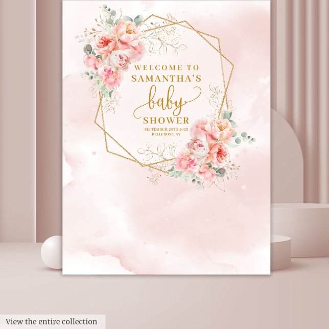 Welcome Baby Girl pale pink gold peonies backdrop Tapestry (Welcome Baby Girl pale pink gold peonies backdrop)