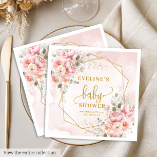Welcome Baby Girl pastel pink gold glitter napkins
