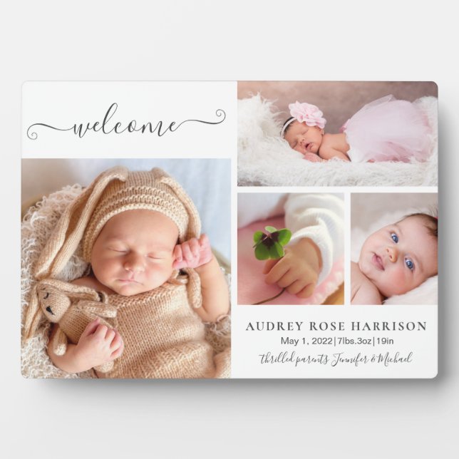 Welcome Baby Girl Photo Collage Birth Announcement Plaque (Front)