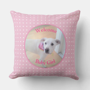 Welcome Baby Girl Photo of Cute White Puppy Dog Cushion