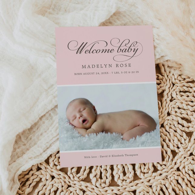 Welcome Baby Girl Pink Damask Photo Birth Announcement (Creator Uploaded)
