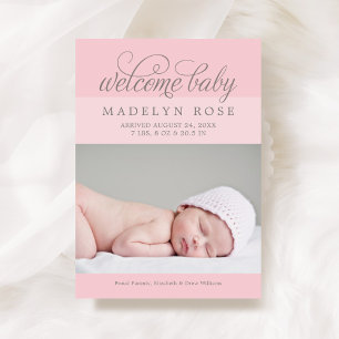 Welcome Baby Girl Pink Script Photo Birth Announcement