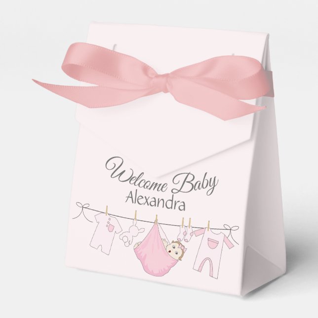Welcome Baby Girl Shower in Grey and Pink Favour Box (Front Side)