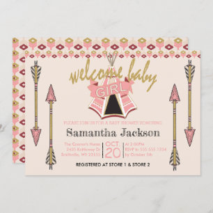 Welcome Baby Girl - Teepee and Arrows Invitation
