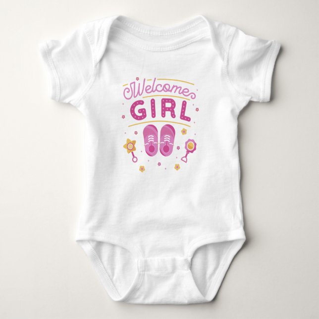 Welcome Baby Girl with Hearts and Footprints Baby Bodysuit (Front)