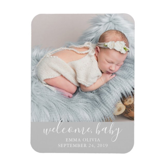 Welcome, Baby | Grey Birth Announcement Photo Magnet (Vertical)