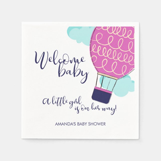 Welcome Baby Hot Air Balloon Girl Baby Shower Napkin (Front)