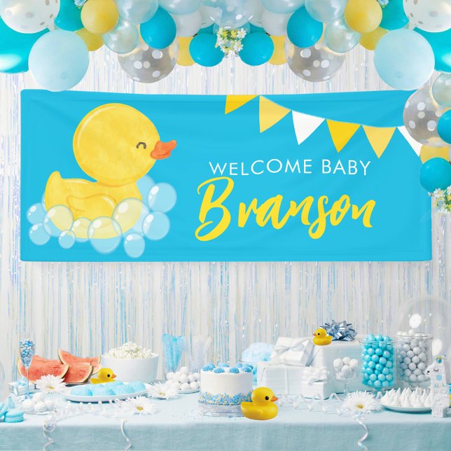 Welcome Baby Name Large Rubber Duck Baby Shower Banner (Large Welcome Baby Name Watercolor Boy Rubber Duck Baby Shower Hanging Vinyl Banner in Blue)