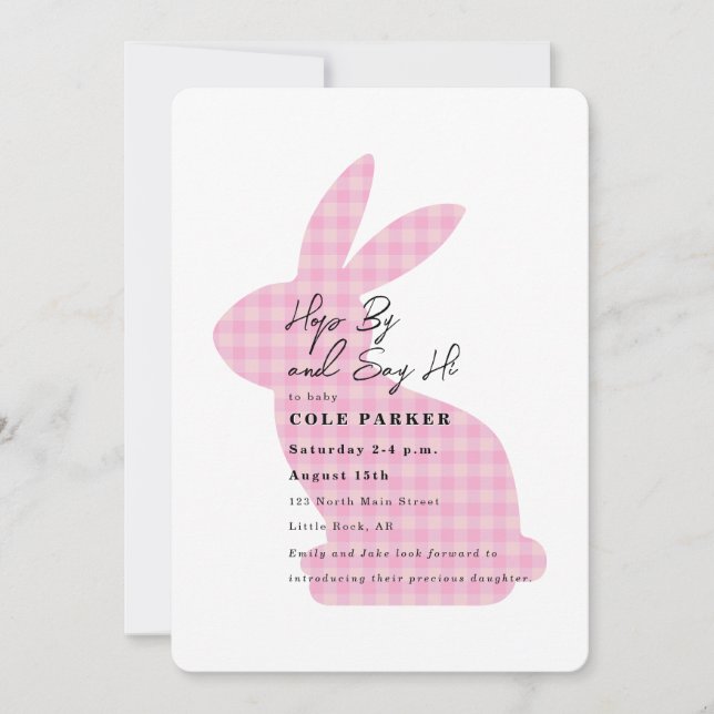 Welcome Baby Pink Gingham Bunny Rabbit Shower Invitation (Front)