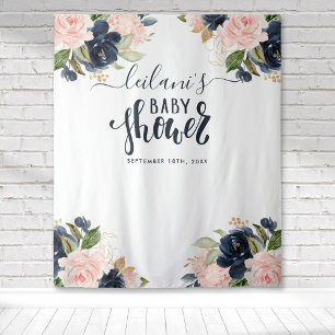 Welcome Baby Shower Navy Pink Floral Backdrop Tapestry