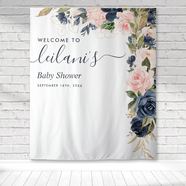 Welcome Baby Shower Navy Pink Floral Cascade Tapestry (Blush pink and navy blue floral botanical baby shower typography tapestry perfect for photo ops.)