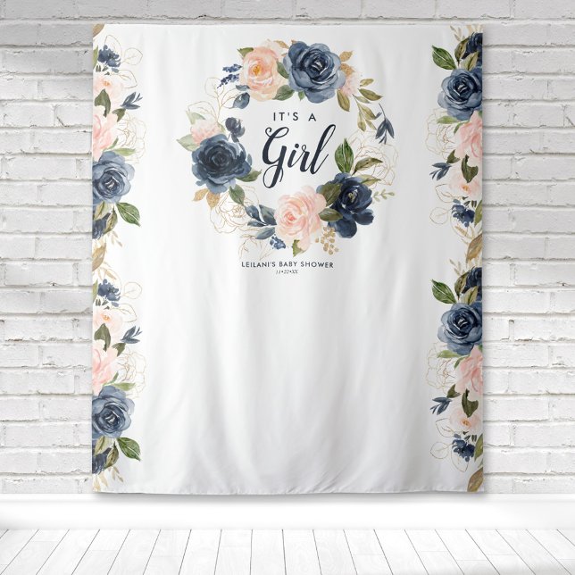 Welcome Baby Shower Navy Pink Floral Wreath Tapestry (Blush pink and navy blue floral botanical baby shower typography tapestry perfect for photo ops.)
