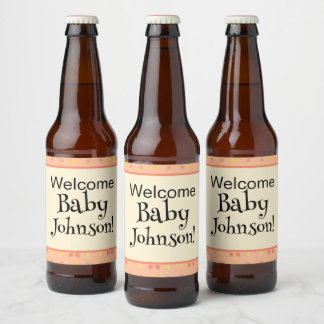 Welcome Baby Shower Peach Yellow Geometric Pattern Beer Bottle Label