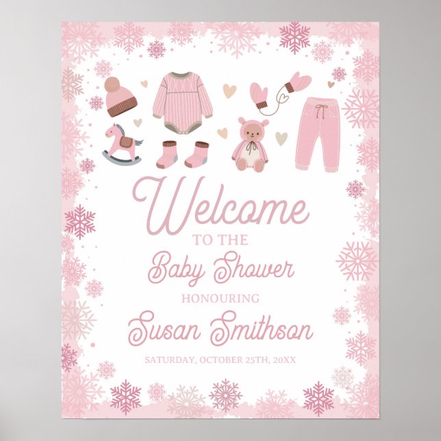 Welcome Baby Shower Poster Pink Snow Winter (Front)