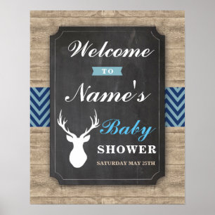 Welcome Baby Shower Poster Sign Boy Stag Wood Blue