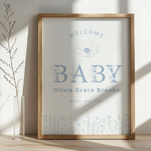 Welcome Baby Wildflower Baby Shower Dusty Blue  Poster