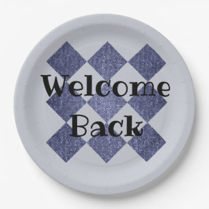 Welcome Back Employee Blue Diamond Pattern Mosaic Paper Plate