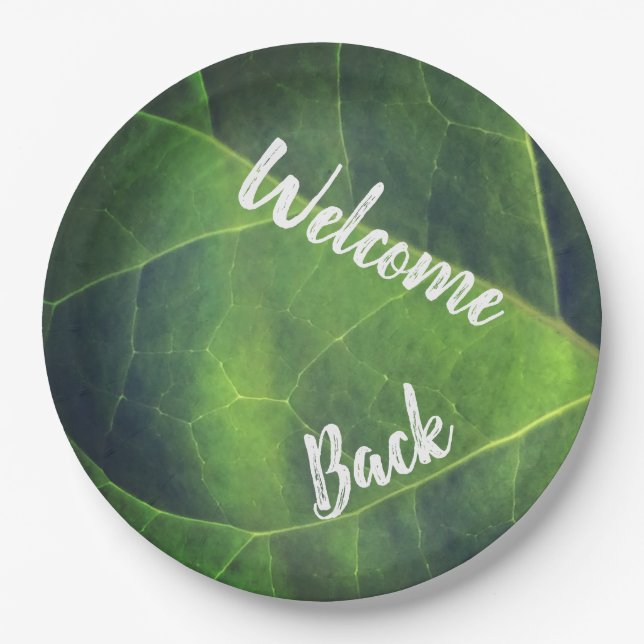Welcome Back Green Leaf Photo Volunteer Employee Paper Plate (Front)