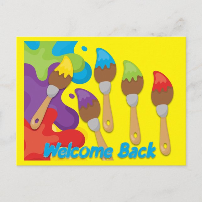 Welcome Back Paintbrushes Primary Colours Custom Postcard (Front)