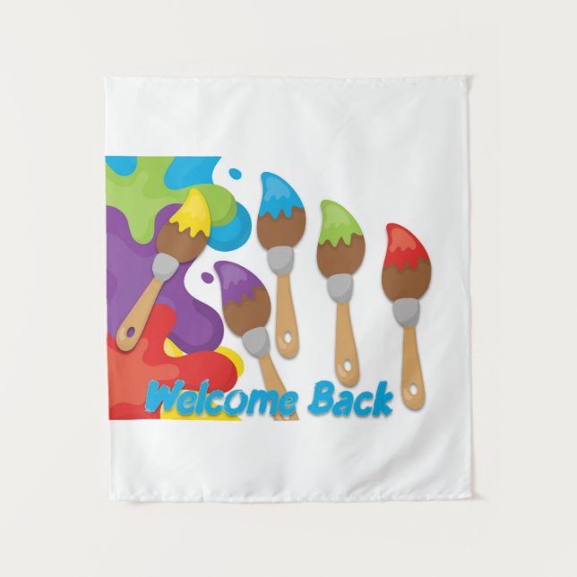 Welcome Back Paintbrushes with Primary Colours  Tapestry (Front)