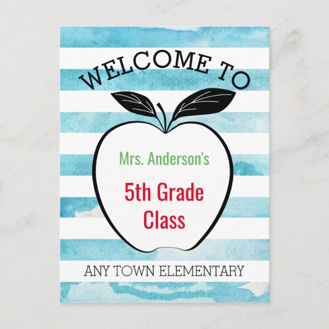 Welcome Back to School, Apple & Watercolor Stripes Postcard (Front)