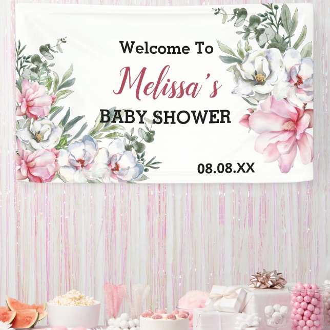 Welcome backdrop banner magnolia pink white floral (Creator Uploaded)
