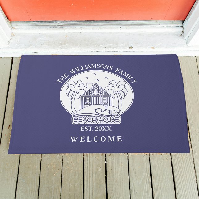 Welcome Beach House Family Name Blue and White Doormat (Creator Uploaded)