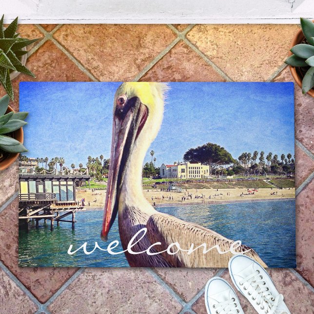 Welcome Beach Pier Pelican Bird Photo Script Doormat (Creator Uploaded)
