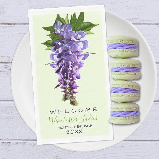 Welcome Beautiful Wisteria Flowers Custom Name Napkin (Four lines of template text are ready to personalize or remove for your special occasion.)