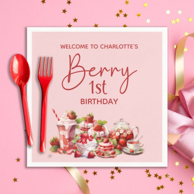 Welcome Berry 1st Birthday Pink Red Strawberry Napkin (Berry 1st birthday paper napkins with welcome message and your child's name)