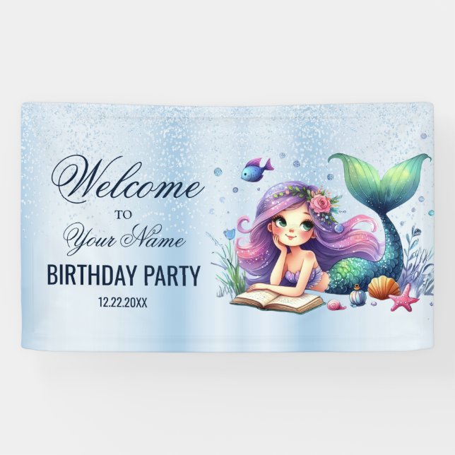 Welcome Birthday Party Watercolor Mermaid Sea Life Banner (Horizontal)