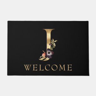 WELCOME Black and Gold Fall Monogram J Doormat