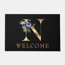 WELCOME Black and Gold Fall Monogram N Doormat