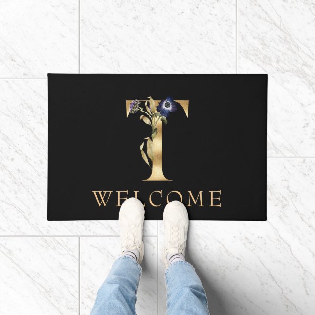 WELCOME Black and Gold Fall Monogram T Doormat (Indoor)