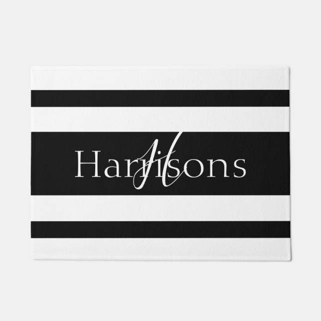 Welcome Black and White Stripes Monogram Family Doormat (Front)