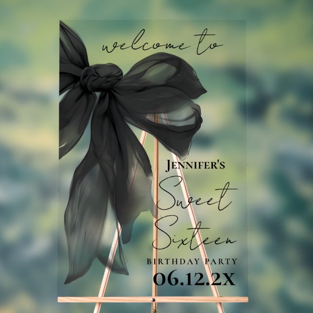 Welcome Black Bow Coquette Script Sweet 16 Party Acrylic Sign (Neutral)