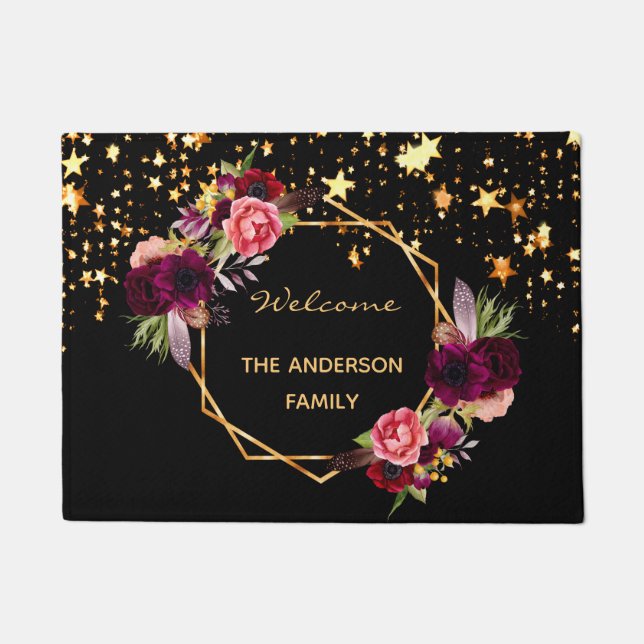Welcome black burgundy florals gold stars family doormat (Front)