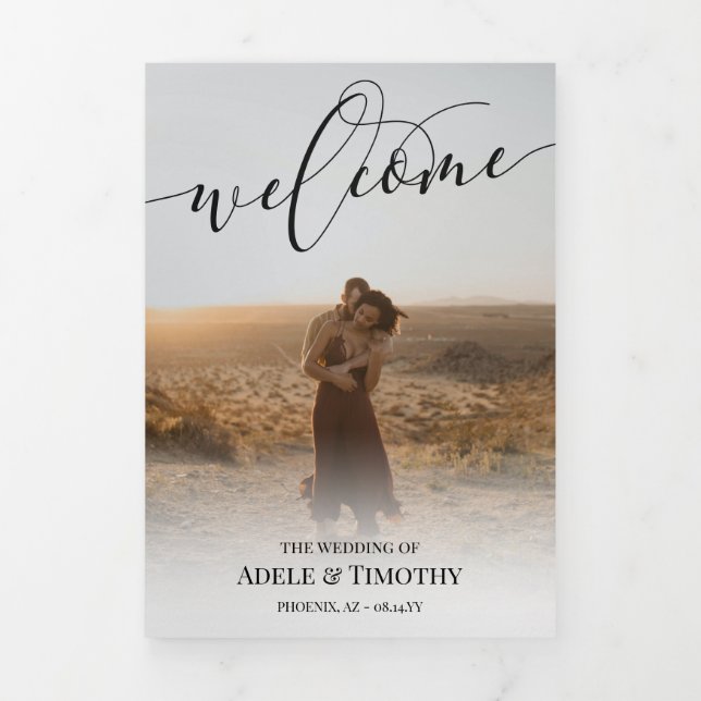 Welcome Black Calligraphy Photo Wedding  Tri-Fold Programme (Cover)