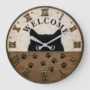 Welcome Black Cat Cute Peeking Kitty Rustic Farmho Large Clock