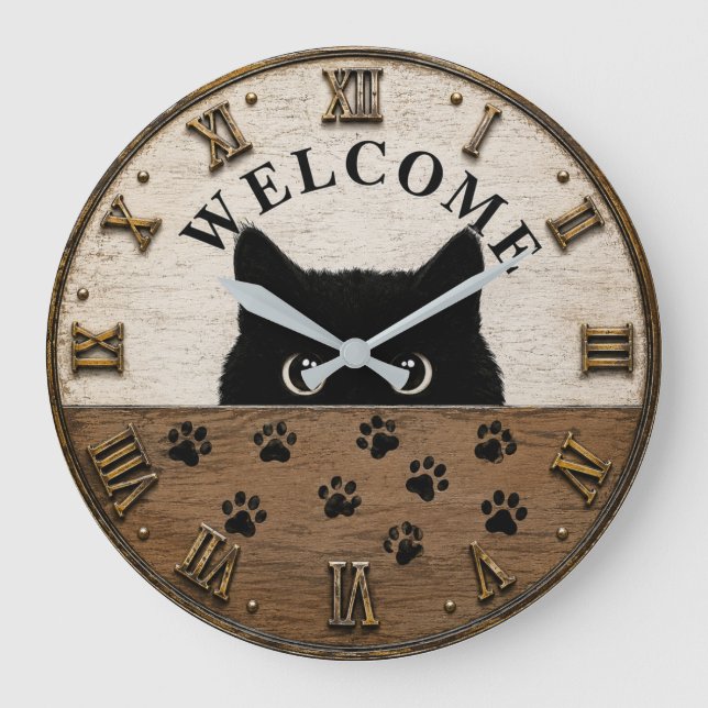 Welcome Black Cat Cute Peeking Kitty Rustic Farmho Large Clock (Front)